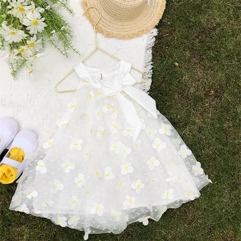 Adorável borboleta 3D de bordado princesa meninas de vestido de verão de tule de malha bebê trajes de festa de casamento de roupas infantis