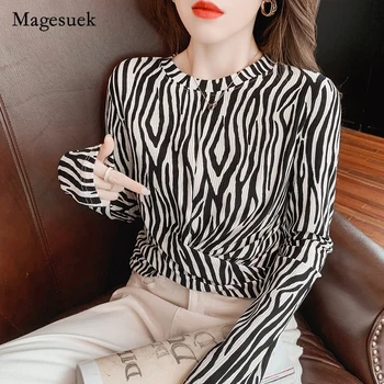 Mulheres Zebra Print T-Shirt Manga Longa Outono 2021 Nova Moda feminina Blusa Elegante Senhora do Escritório Casual Slim Tops, Blusas 17036