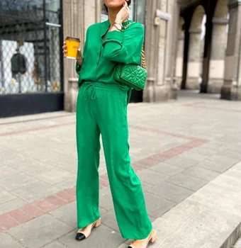 2021 Verde Solta gola de Camisa Elástica Cintura Alta Casual calças terno
