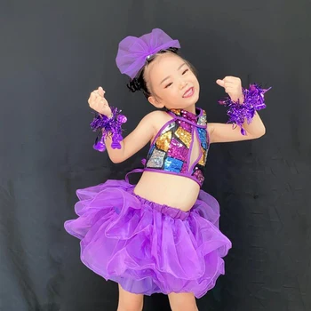 Crianças de Salão de baile de Roupas de Lantejoulas Dança Roupa Roxa TUTU as Meninas de Vestido de Dança Jazz Traje Fase de Desgaste do Bebê Vestido de Princesa