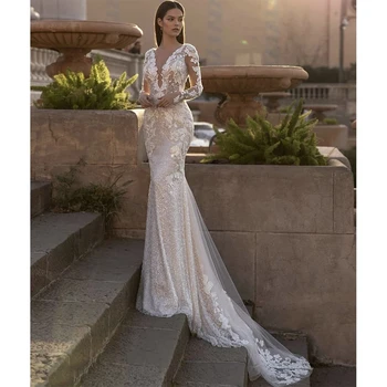 2023 Luxo Vestidos De Casamento Do Laço Apliques De Lantejoulas Sereia Com Decote Em V Manga Longa Backles Trem Da Varredura Vestidos De Noiva Vestidos Robe De