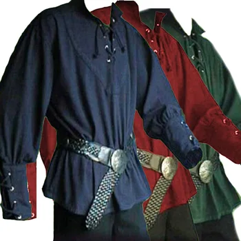 Medieval Homens do Renascimento Pirata recém-Casados Reconstituição Larp Traje Laço de Camisa Curativo Superior de meia-Idade Vestuário para Adultos 3XL