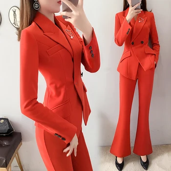 Vermelho de calça de ternos para mulheres terno estilo Britânico calças feminino coreano atender as mulheres se ajustar jaqueta blazer conjunto de calças de ternos elegantes mulher