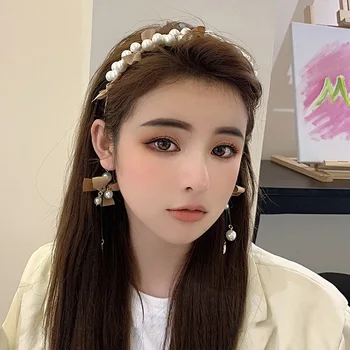 Japonês menina doce coração flannelette bowknot pérola de borla cabelo aro INS vento moda cabeça de cabelo ato o papel ofing feminino