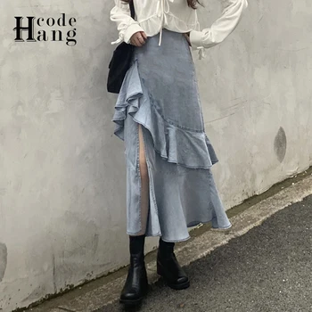 HangCode Saias Do Denim 2021 Nova Vinda De Cintura Alta E Elegante Babados Assimétricos Fenda Mulheres Jeans, Saias Chique Fundos De Senhoras