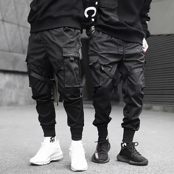 2023 Hip Hop Menino Multi-bolso Elástico na Cintura Projeto Harém Calça Homens Streetwear Punk Calças Casuais Atleta Masculino de Dança Calça Preta
