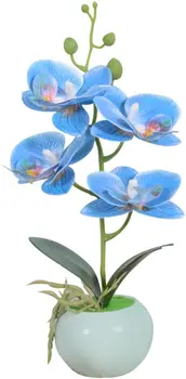 Artificial Bonsai Orquídea Phalaenopsis Arranjos de Flores com Vaso de Cerâmica para Decoração de Home Office (Azul)