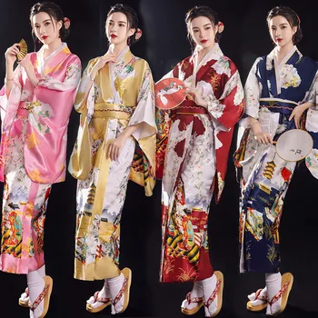 O Estilo japonês de Mulheres Quimono de Cetim Manto Tradicional estampa Floral Yukata Camisola Retro Pijama Homewear Haori Manga Longa