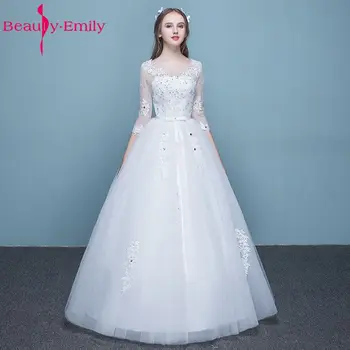 Beleza-Emily Laço Branco Vestidos de Casamento do Laço De 2018, O Decote sem encosto Esferas ridal Vestidos Vestido de casamento Vestido de baile véu
