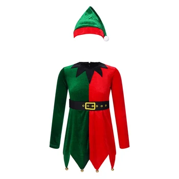 Crianças, Crianças de Natal Santa Cosplay de Elfo de Natal Trajes Irregulares Guarnição de Veludo Tops com Sinos Cinto Elástico E o Chapéu de Vestir Roupa