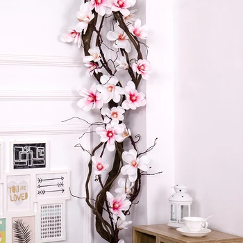 185 cm Artificial Magnolia Videira Flor de Orquídea Pendurado na Parede de Vime Ramos de Árvore Garland Seda Plantas de Casamento Arco da Decoração do Partido