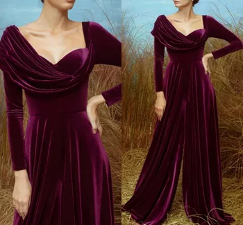 Uva Fenda de Veludo de Uma linha de Vestido de Noite Querida Mangas compridas Vestido Festa Formal Vestes De Soirée Vestidos 2022 árabe de Dubai