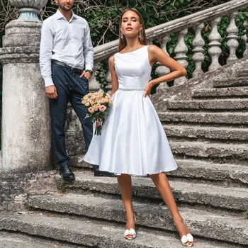 Vintage Curto Vestido De Noiva De Cetim Para Mulher Sem Mangas Branca 2022 Vestido De Noiva Para Noiva Envolvimento De Folhas Simples Túnica De Mariee