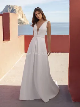 Praia Vestidos De Noiva Branco De Cetim Vestidos De Casamento De 2021 A-Linha De Pescoço De V Beading Baratos Simples Vestido De Noiva Para Noiva Robe De Mariée