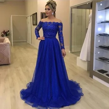 2022 Plus Size Rendas Moderno Mãe da Noiva Vestidos de Azul Appliqued Arco Cinto Mãe Vestidos Real Mangas compridas Festa de Casamento