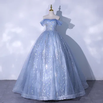 Azul Vestido De Noite 2022 Elegante Tule Lantejoulas Do Assoalho-Comprimento Vestidos De Princesa Novo Requintado Vestido De Festa De Formatura