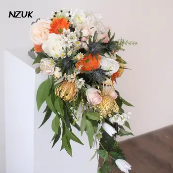 NZUK em Cascata de Noiva, Buquê de Rosas Toque Real Artificial Flores do Casamento Novo Design ramo noiva boda boeket bruid