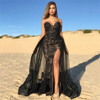 Dubai Black Lace Vestido De Noite Com Saia Destacável Sexy Sem Encosto Fenda Frontal Applique Vestido De Baile Mulher Árabe Vestido Formal
