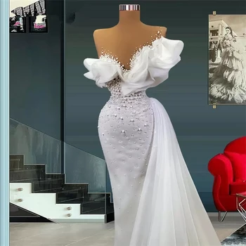 Pearl Design Moderno Sereia Vestidos De Noiva Plissado Vestido De Noiva Pura Pescoço Feito Overskirt Boho Robe De Mariée