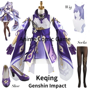 Jogo de Anime Genshin Impacto Keqing Traje Cosplay Perucas, Sapatos KEQING Vestido de Anime Uniformes Mulheres Roupas de Halloween para as Mulheres, Menina