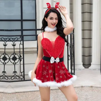 sexy de Natal Traje Adulto Mulheres o Papel que joga a Deputada Papai Noel trajes Funda V-pescoço arco cinto de pele boate vestido de festa Uniforme