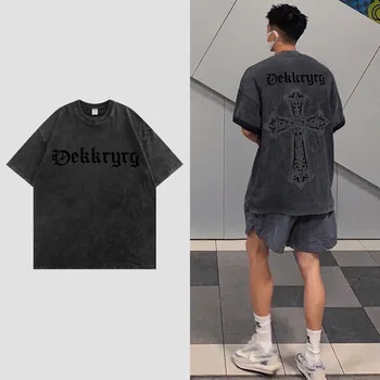 Verão 2022 lavado t-shirt dos homens Cruz de impressão de manga curta retro T-shirt Unisexo hip hop GRANDE T-SHIRT