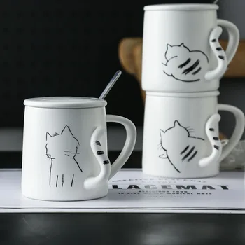 Japonês cauda de gato taça de cerâmica criativa caneca de desenhos animados copa bonito copo de café com tampa de vibração de som com o mesmo número